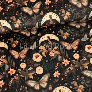 May include: A dark fabric with a repeating pattern of butterflies, flowers, and celestial elements. The butterflies have brown and cream wings, and the flowers are peach-coloured. The design includes crescent moons and stars, creating a whimsical, nature-inspired theme.