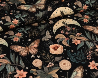 Cotton Jersey Fabric, Black Floral Fabric, Butterflies Jersey Fabric, Stretch Knit Fabric