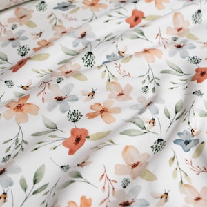 Floral French Terry Fabric, Lana on White, Stretch Knit Fabric