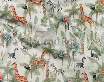French Terry Fabric, Jungle Animals Fabric, Giraffe Fabric, Elephant Fabric, Stretch Knit Fabric, Looped Back Jersey