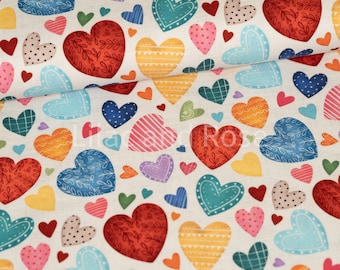 Cotton Jersey Fabric, Colourful Hearts Jersey, Valentines Fabric, Stretch Fabrics