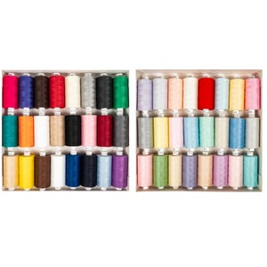 May include: Two boxes of colourful thread spools, each box containing 24 spools of different colours. The spools are arranged in rows and columns.