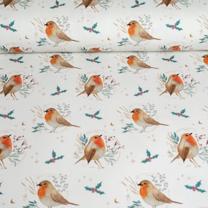 Cotton Jersey Fabric, Robins on White, Christmas Stretch Knit Fabric
