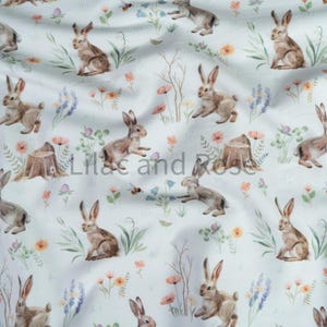 Cotton Jersey Fabric, Bunny Fabric, Floral Jersey Knit Fabric, Pretty Floral Fabric, Fabric With Bunnies
