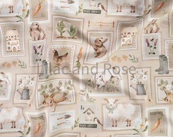 May include: A beige fabric with a repeating pattern of postage stamps featuring illustrations of farm animals, including rabbits, chickens, and sheep. The stamps also feature text such as "Post Office" and "1c".