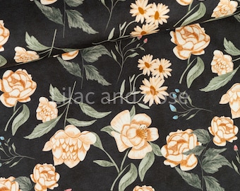 French Terry Fabric, Dark Grey Floral Fabric, Cream Floral Jersey Fabric, Stretch Knit Fabric, Looped Back Jersey