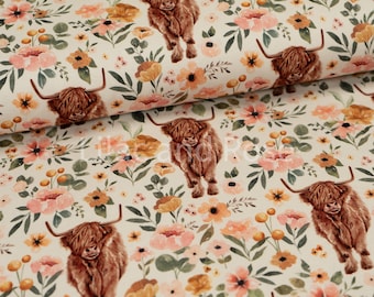 Cotton Jersey Fabric, Highland Cow Floral Fabric, Stretch Knit Fabric