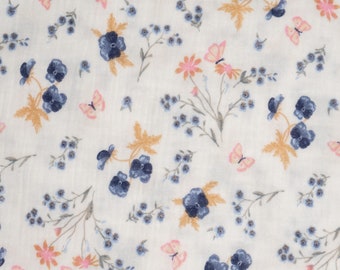 Double Gauze Fabric, Blue Floral, 100% Cotton Muslin
