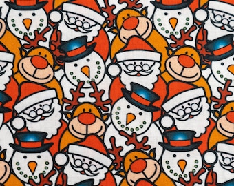 Christmas Cotton fabric, Red 100% cotton, Snowman Reindeer Santa