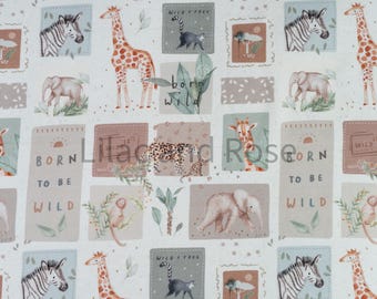 Cotton Jersey Fabric, Animal Fabric, Neutral Jersey Fabric, Giraffe Zebra Cheetah Elephant Fabric, Stretch Knit Fabric