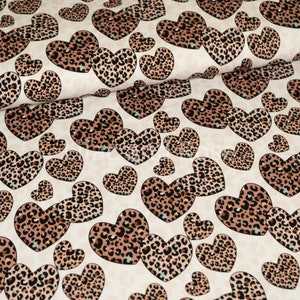 Cotton Jersey Fabric, Leopard Print Hearts Jersey, Valentines Fabric, Neutral Stretch Fabrics