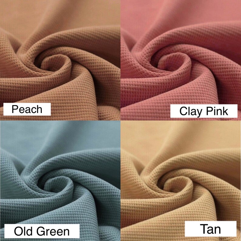 May include: Four fabric swatches in different colors: peach, clay pink, old green, and tan. The fabric has a waffle texture.
