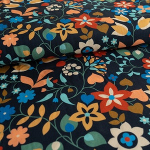Rayon Floral Fabric, Flowers on Dark Navy, Tapestry by Dashwood Studios, Dressmaking Fabric