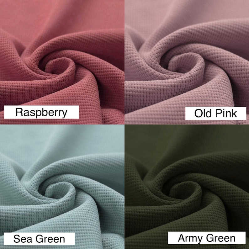 May include: Four fabric swatches in different colors: raspberry, old pink, sea green, and army green. The fabric has a waffle texture.