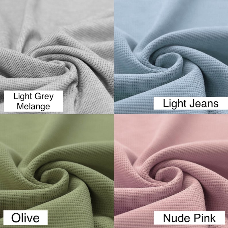 May include: Four fabric swatches in different colors: light grey melange, light jeans, olive, and nude pink. The fabric has a waffle texture.