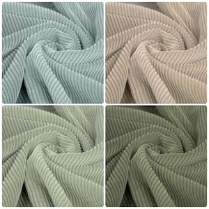 May include: Four squares of corduroy fabric in blue-green, beige, light green, and olive green. The fabric is folded to show the ribbed texture. The image is a close-up, highlighting the fabric's texture and colour variations. Ideal for textiles.