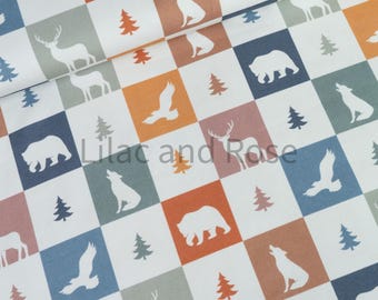 Cotton Jersey Fabric, Forest Animals Fabric, checked Jersey, Fabric for Children, T-shirt Fabric,