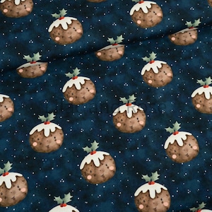 Cotton Jersey Fabric, Christmas Pudding Fabric, Navy Christmas Jersey, Stretch Knit Fabric