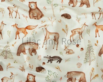 Neutral French Terry Fabric, Woodland Animals Fabric, Childrens Fabric, Stretch Knit Fabric, Looped Back Jersey