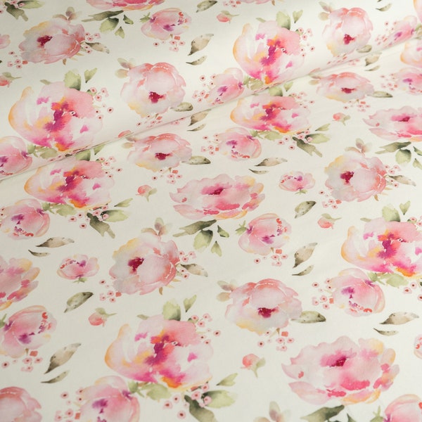 Cotton Jersey Fabric, Pink Watercolour Floral, Exclusive Design, Stretch Knit Fabric