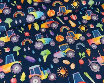 Cotton Jersey Fabric, Navy Farm Jersey, Rainbow Tractors Fabric, Stretch Knit Fabric