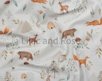 Cotton Jersey Fabric, Woodland Animals Fabric, Neutral Stretch Fabric, Children’s Jersey Fabric