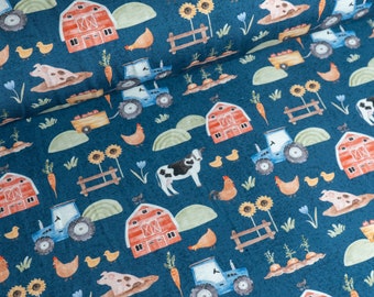 Cotton Jersey Fabric, Farm Animals on Navy, Farming Fabric, Stretch Knit Fabric