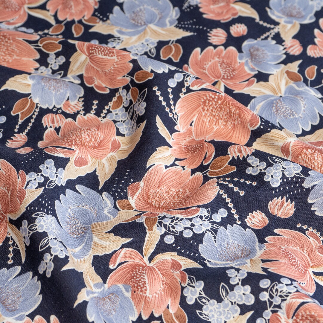 Viscose Floral Fabric, Navy Floral, Blue and Blush Pink Flowers ...