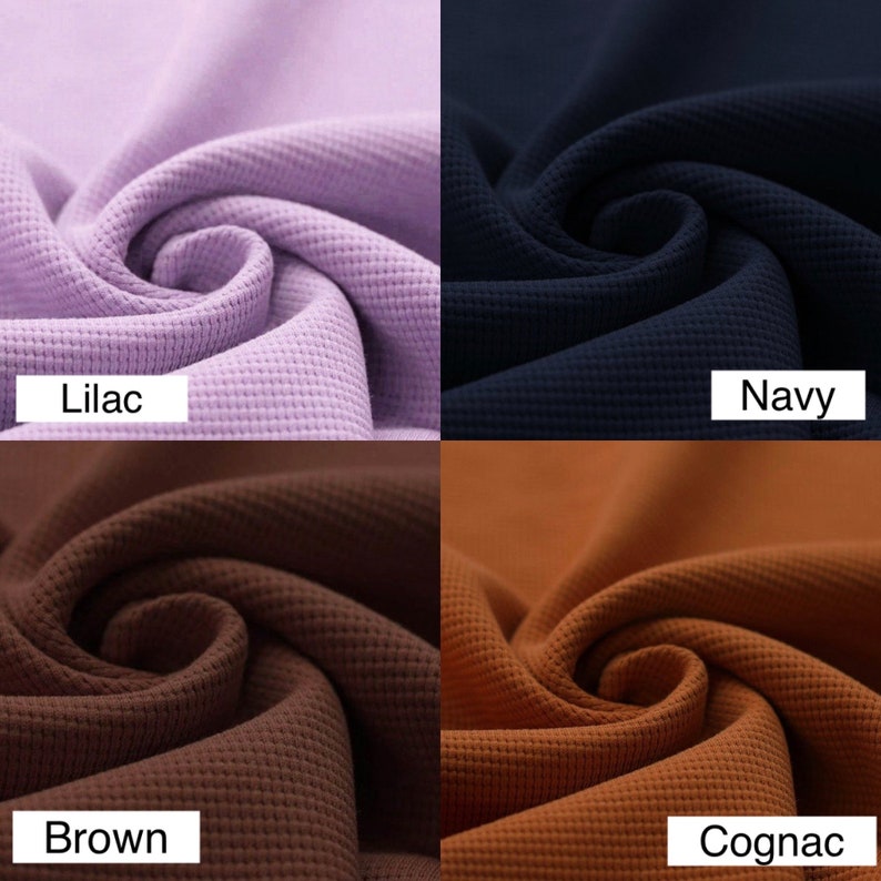 May include: Four fabric swatches in different colors: lilac, navy, brown, and cognac. The fabric has a waffle texture.