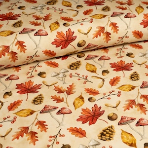 Cotton Jersey Fabric, Autumn Leaves Jersey, Neutral Fabric, Stretch Knit Fabric