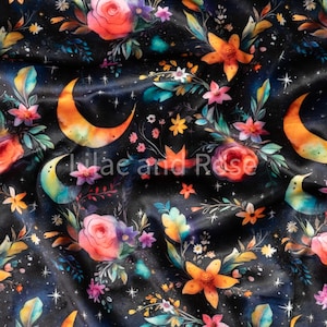 May include: Dark fabric with a celestial floral pattern. The design includes orange crescent moons, colourful flowers, stars, and the text "Lilac and Rose". The flowers are roses and other blooms in orange, pink, and purple hues.