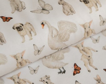 White Cotton Jersey with Cute Animals, Patterned Stretch Knit Fabric