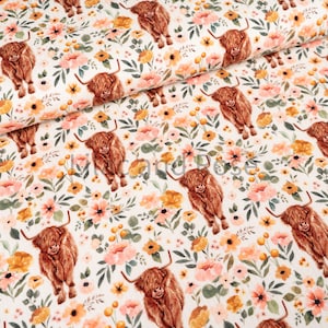 Ribbed Jersey Fabric, Highland Cow Floral Fabric, Dressmaking Fabric, Rib Knit Jersey