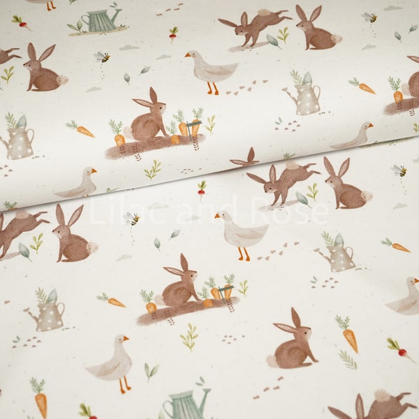 Cotton Jersey Fabric, Bunnies and Ducks Fabric, Stretch Knit Fabric