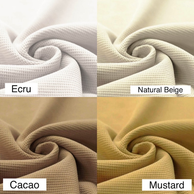 May include: Close-up of four fabric swatches in different colors: ecru, natural beige, cacao, and mustard. The fabric has a waffle texture.