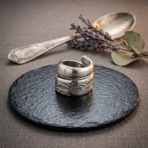 Repurposed Silverware Spoon Ring – Desert Rose Floral Pattern, Boho Wrap Style