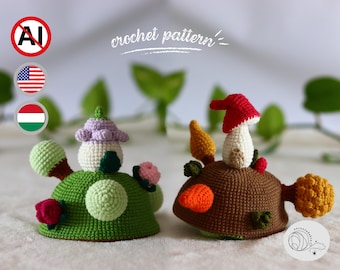 May include: Two handmade crochet mushroom figures. One is green with a purple top, the other is brown with a red cap. The image includes the text "crochet pattern".