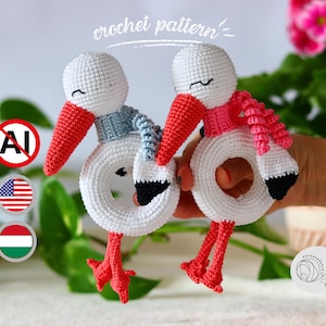 Lindo patrón de crochet de sonajero de cigüeña: regalo de baby shower DIY, juguete de dentición de cigüeña amigurumi