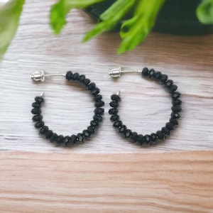 Black tourmaline earrings-  black stone hoop earrings- black earrings- Halloween earrings gifts