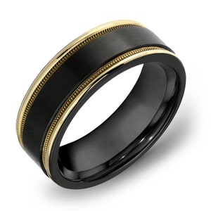 14K Gold & Black Zirconium 7MM Wedding Band With Milgrain Groove | Zirconium And Pure Solid Gold Ring | Men&#39;s Comfort Fit Wedding Band