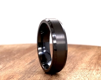 Black Zirconium Beveled Edge 7mm Wedding Band | Men’s Comfort Fit Wedding Ring | Clean Minimalist Masculine Brushed & High Polished Band