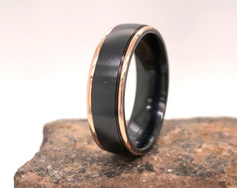 Men's 7MM 14K Gold & Black Zirconium Wedding Band | Men’s Comfort Fit Wedding Band | 14K Genuine Gold Men’s Band | Solid 14K Gold Ring
