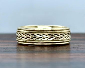 14KT Classic Gold Leaf Pattern Wedding Band 7MM | 14K Gold Ring | Comfort Fit Band | Leaf Art Deco Band | Hand Engraved | 10K 14K 18K