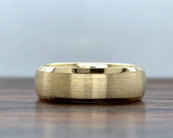 14k Gold Men's Beveled Edge Wedding Band 6MM | 14K Gold Ring | Comfort Fit | Slight Dome | Brush Matte Satin  | Beveled Edge | 10K 14K 18K