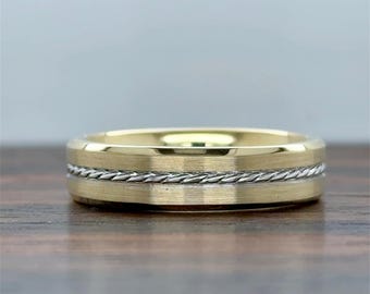 14K Gold Two-Tone Wedding Band 6MM | Rope Inlay | Comfort Fit | Brush Finish | 10K 14K 18K
