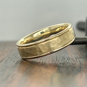 14K Men&#39;s Hammered Finish 6MM Wedding Band | Men’s Comfort Fit Wedding Band | 14K Genuine Gold Men’s Band | Hammer | Brush Matte Satin