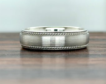 14K Gold Wedding Band (6MM) | Men’s 14K Comfort Fit Wedding Band | Genuine Gold Men’s Band | Brush Matte Satin | Rope Milgrain | 10k 14k 18k