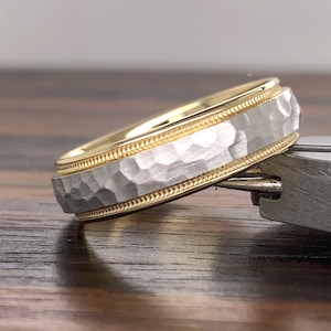 14K Gold Two-Tone Wedding Band (6MM) | 14K Comfort Fit Wedding Band | 14K Gold Mens Wedding Band | Hammer | Milgrain | Brush Matte Satin