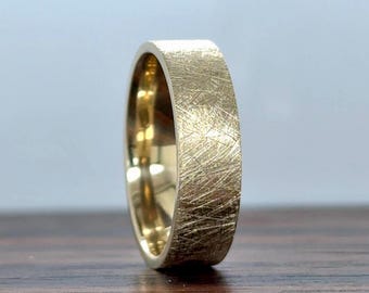 Gold Mens Hand Brush Wedding Band 6MM | 10K 14K 18k Solid Gold Mens Wedding Band | Classic Gold Band | Comfort Fit | Distressed / Hand Brush