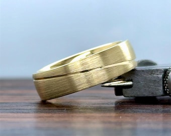 14K Gold Wedding Band With Diagonal Groove (6MM) | Men’s Comfort Fit Wedding Band | Solid Gold | Brush Finish | Classic Band | 10k 14k 18k